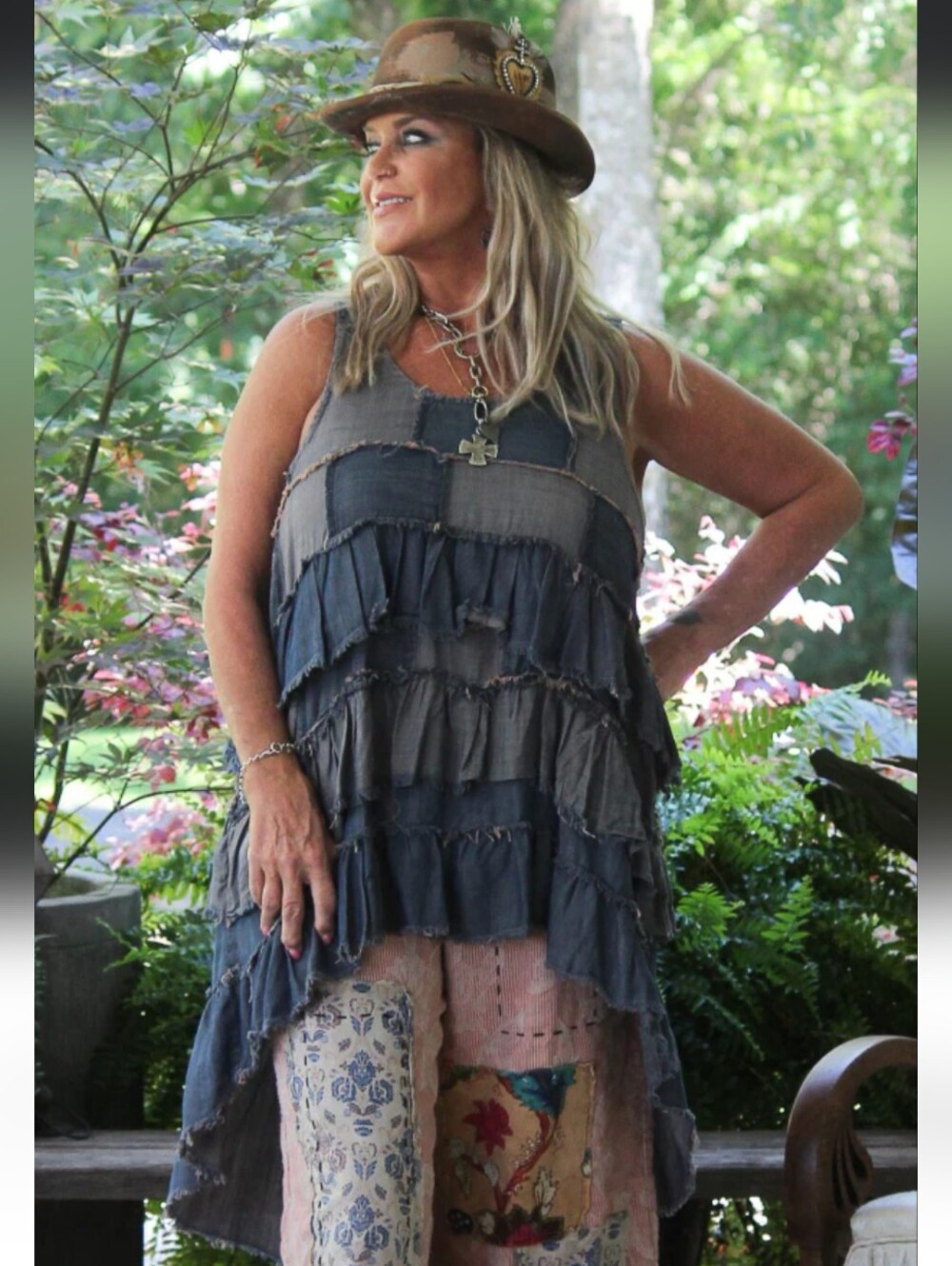 New Patchwork Skies Ruffle Tank, Jaded Gypsy Boho Tiered Ruffle Tank - Blue/Gray